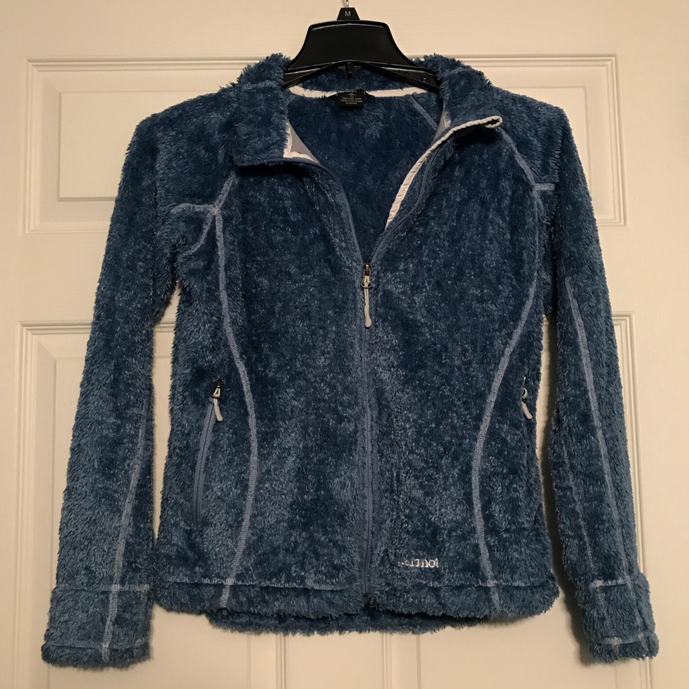 ❤️ Marmot small blue white zip fuzzy jacket